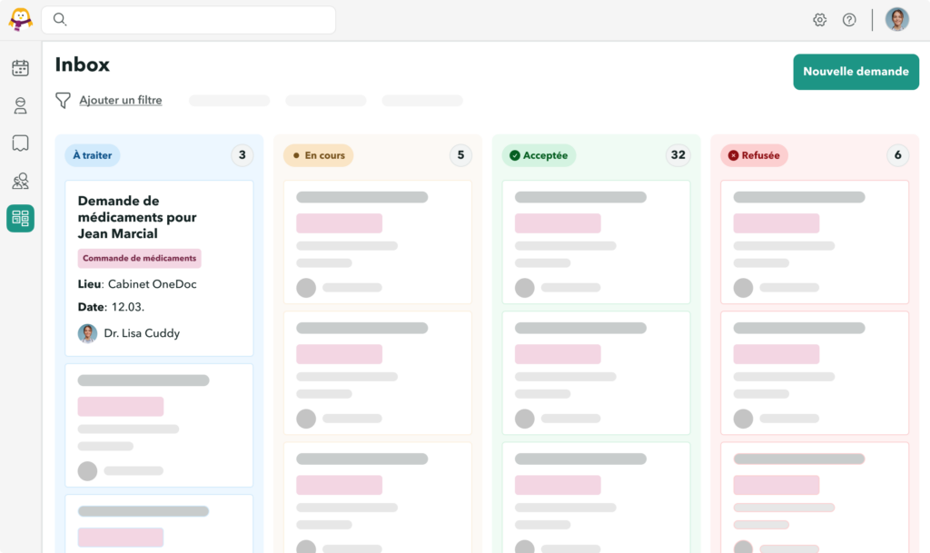 Vue des demandes de médicaments directement dans l'interface One Doc Inbox